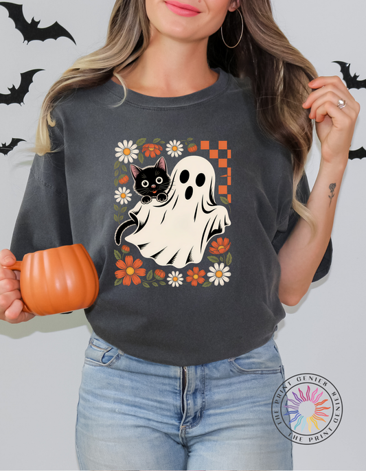 Retro Ghost & Cat Floral Halloween Tee