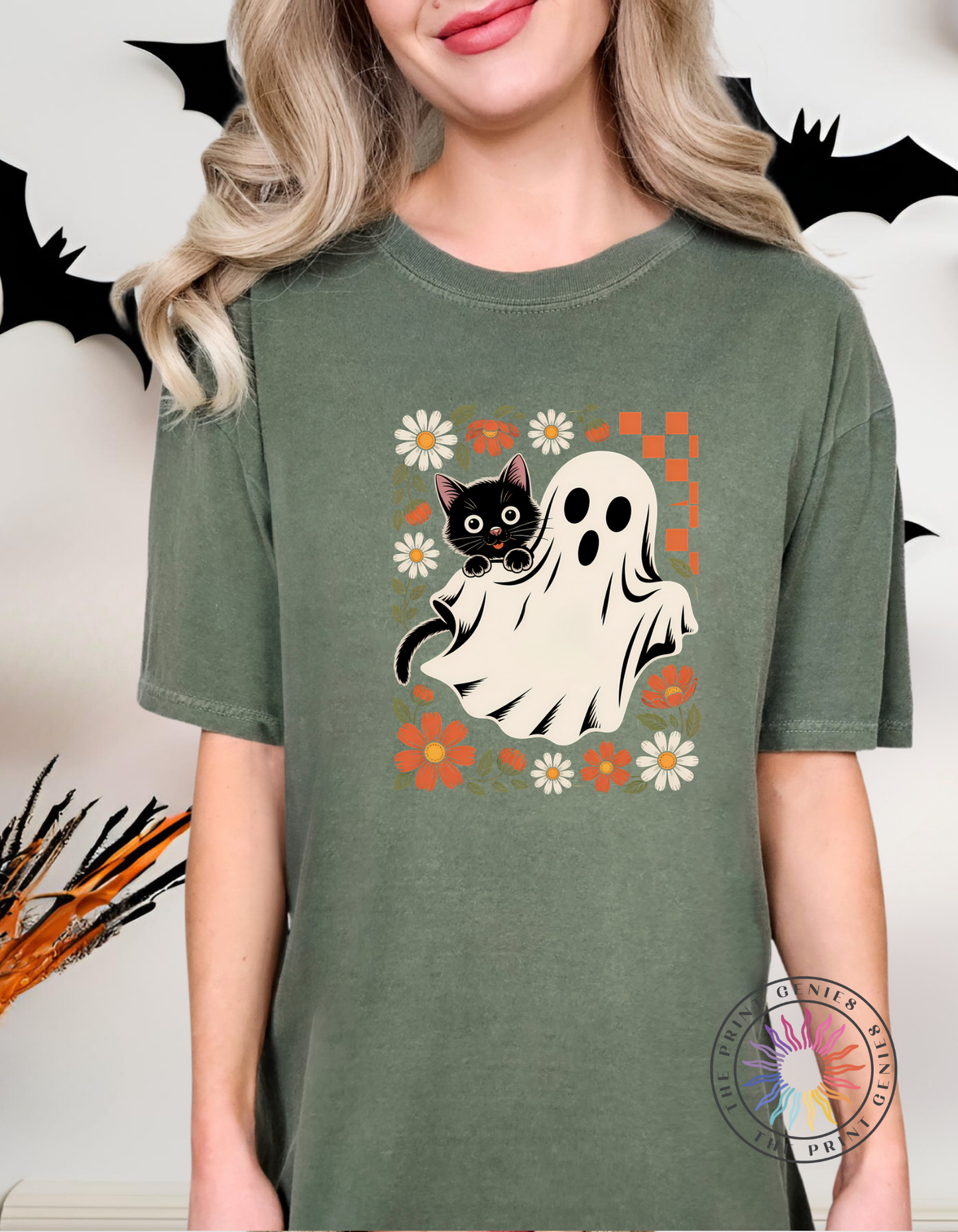Retro Ghost & Cat Floral Halloween Tee