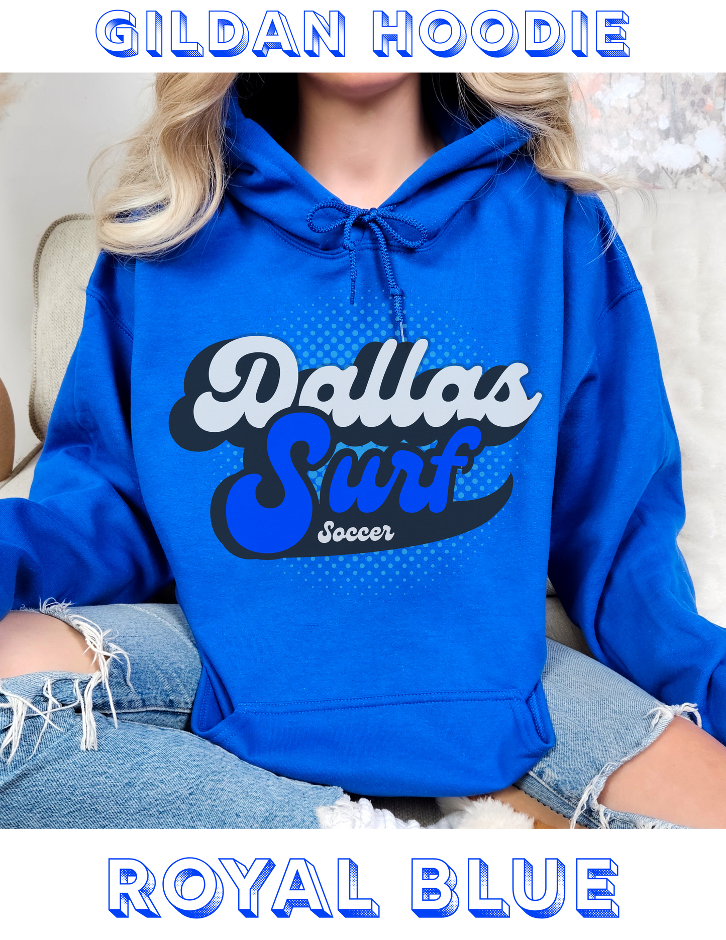 Retro Dallas Surf Hoodie, Crewneck, or Tee – Royal Blue