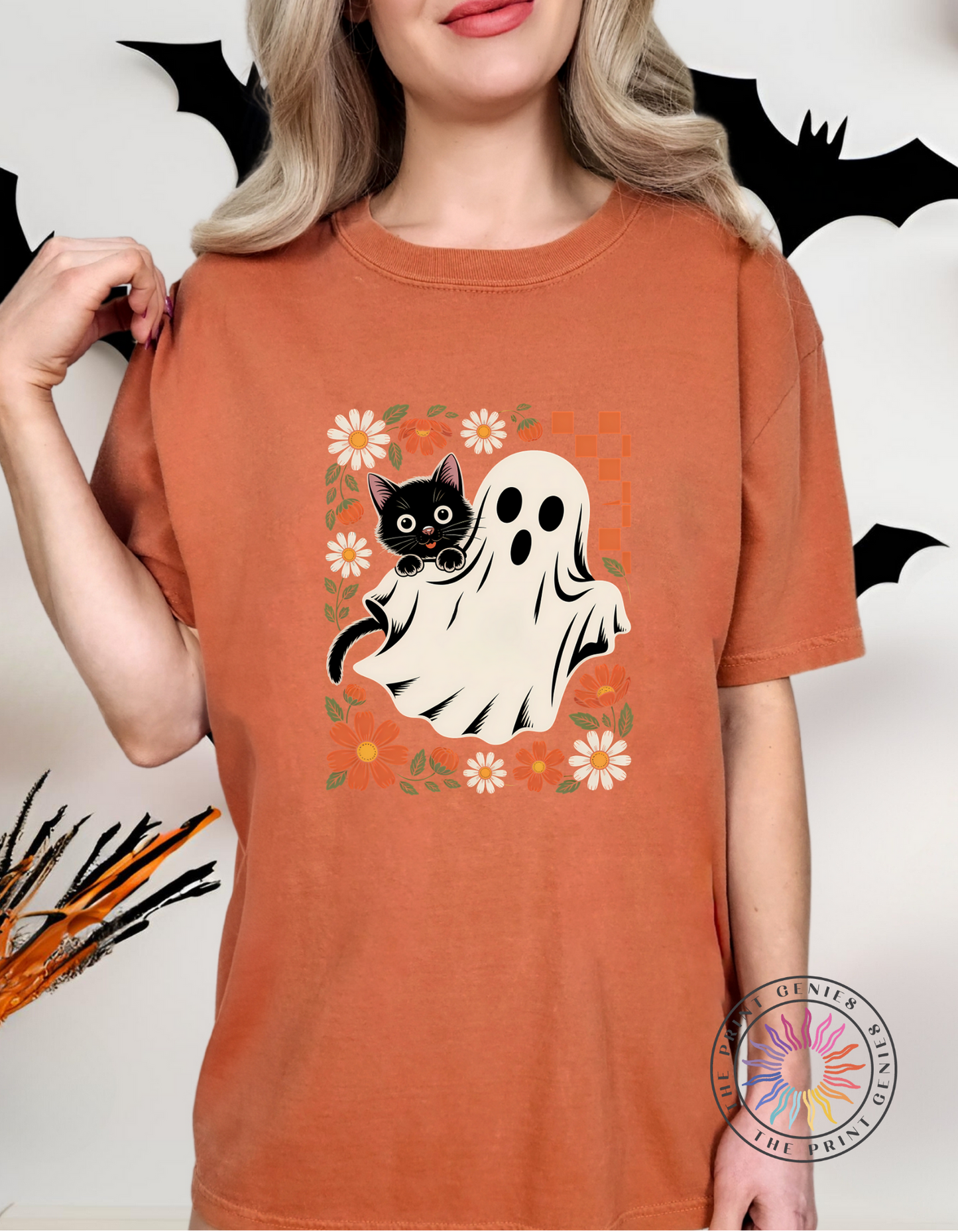 Retro Ghost & Cat Floral Halloween Tee