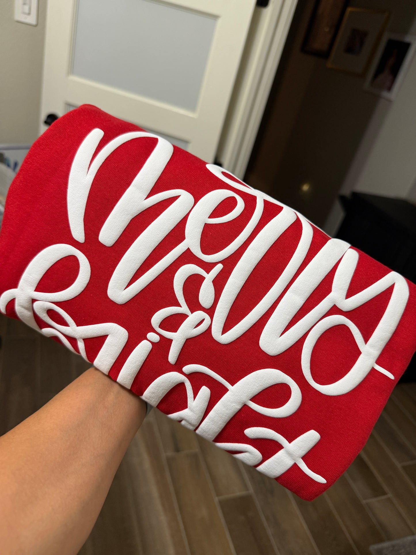 Red Crewneck Sweatshirt with 3D Puff Vinyl Merry & Bright Design - Hoodie, Christmas, Holiday Shirt