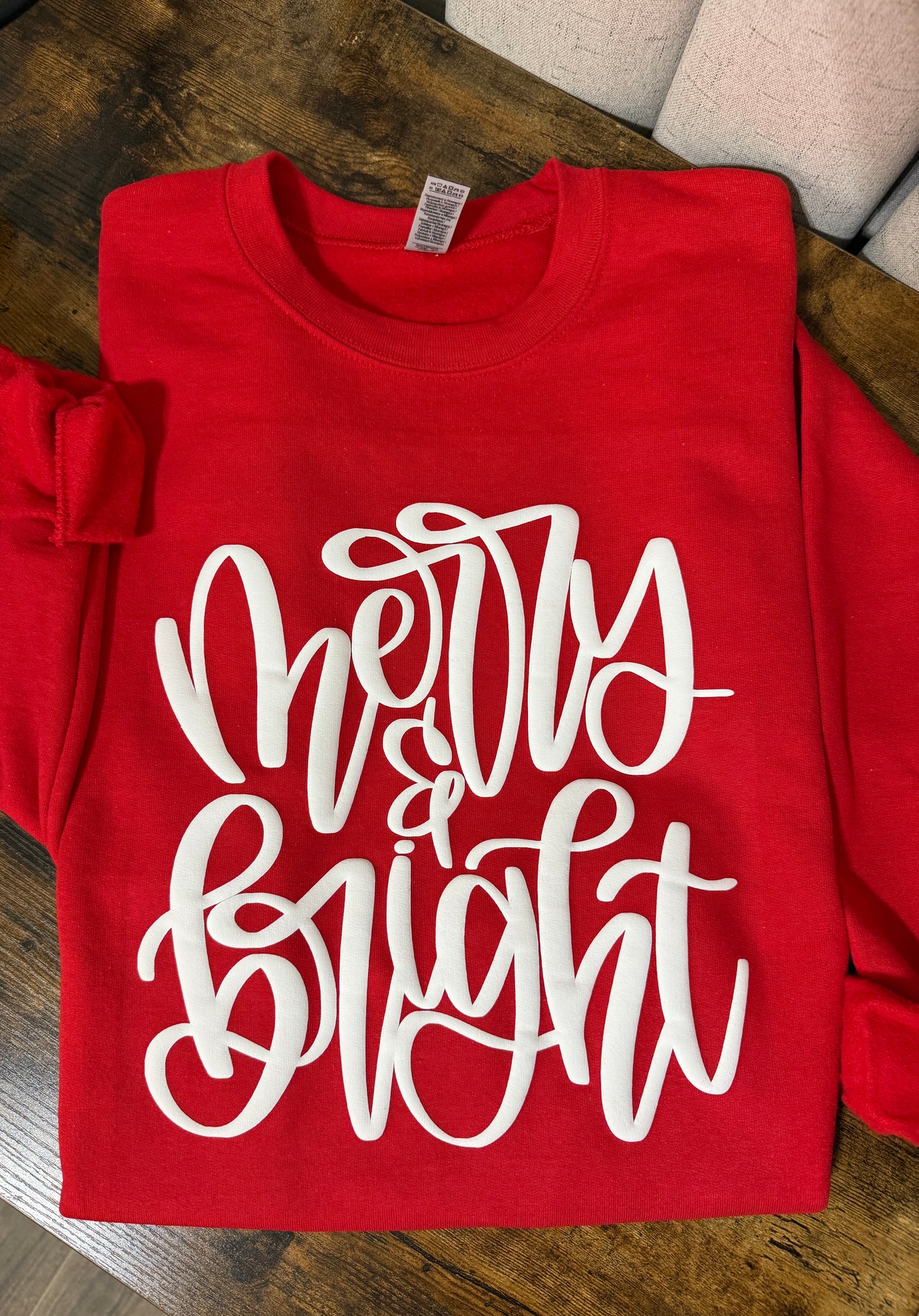 Red Crewneck Sweatshirt with 3D Puff Vinyl Merry & Bright Design - Hoodie, Christmas, Holiday Shirt