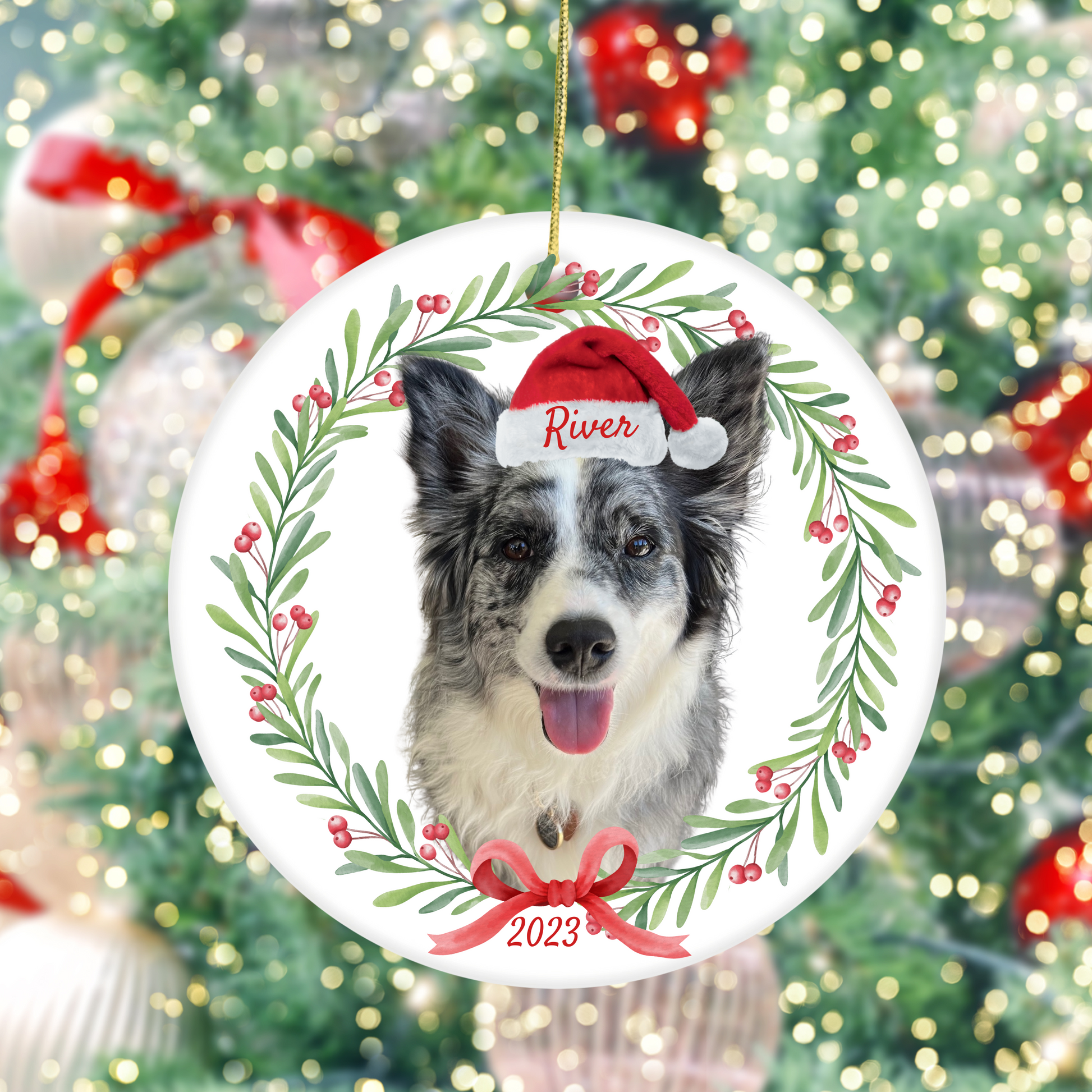 round white ornament with a gold ribbon depicting a blue merle australian shephard wearing a santa hat that says River and has 2023 underneath a holly wreath