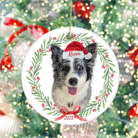 round white ornament with a gold ribbon depicting a blue merle australian shephard wearing a santa hat that says River and has 2023 underneath a holly wreath