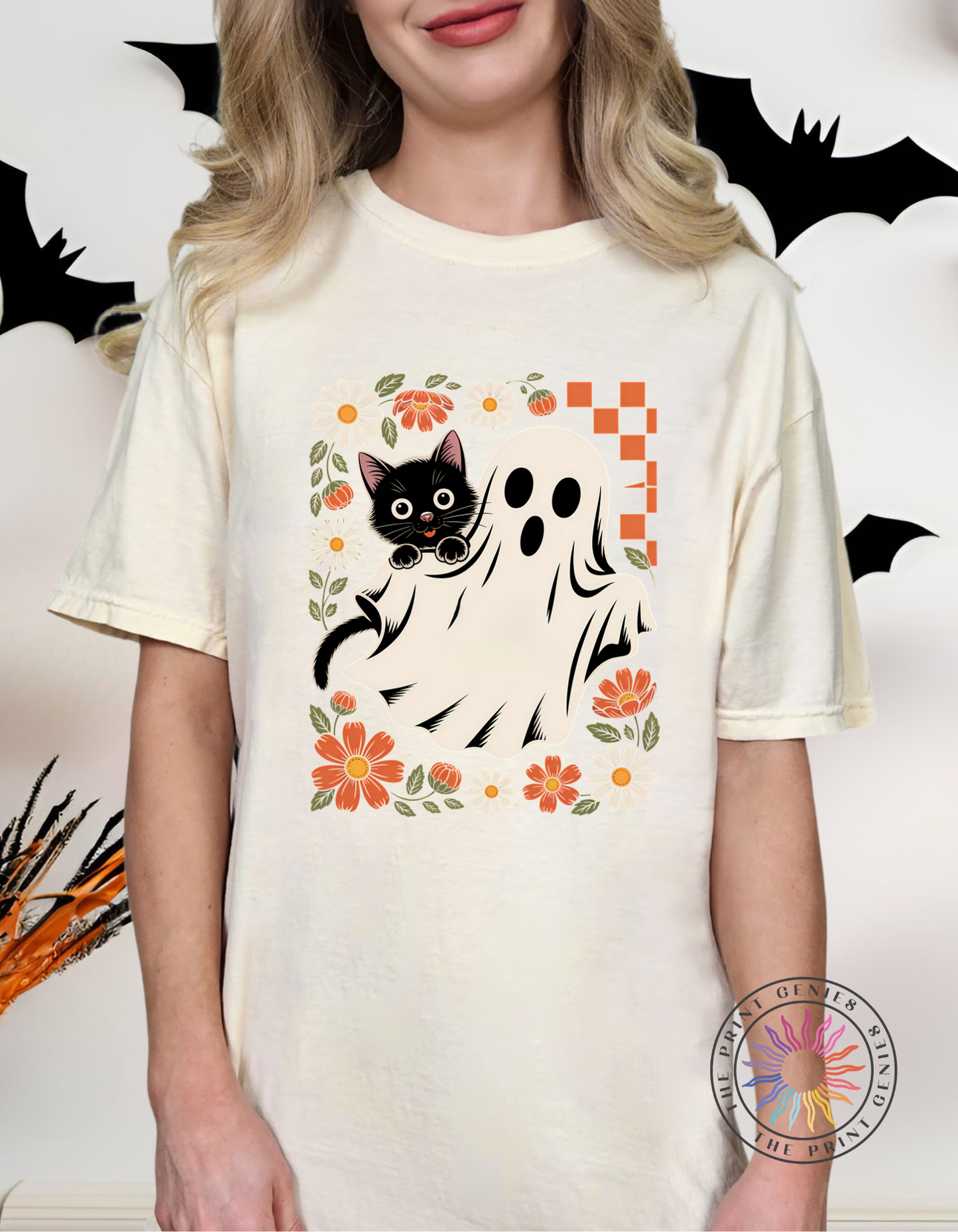 Retro Ghost & Cat Floral Halloween Tee