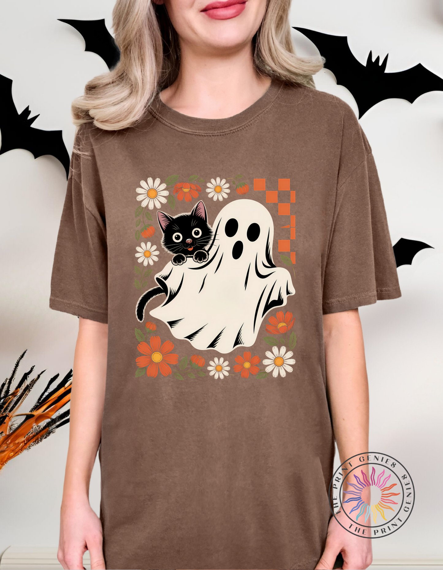 Retro Ghost & Cat Floral Halloween Tee