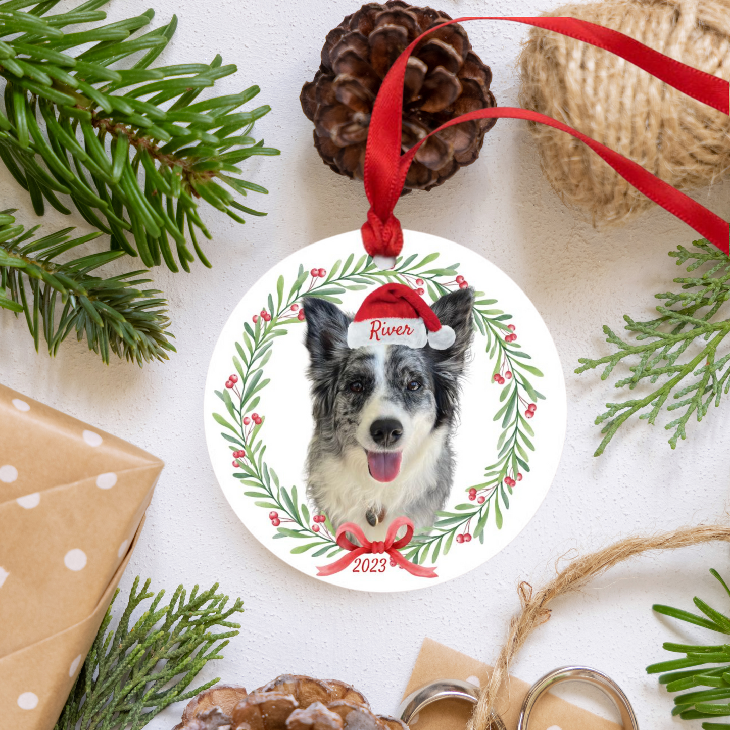 round white ornament with a reb ribbon depicting a blue merle australian shephard wearing a santa hat that says River and has 2023 underneath a holly wreath
