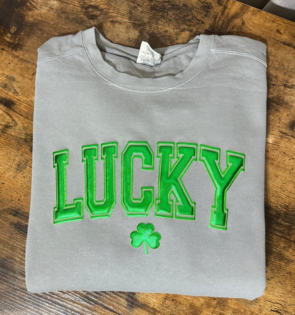 Lucky Shamrock Comfort Colors Sweatshirt – Metallic Puff Print