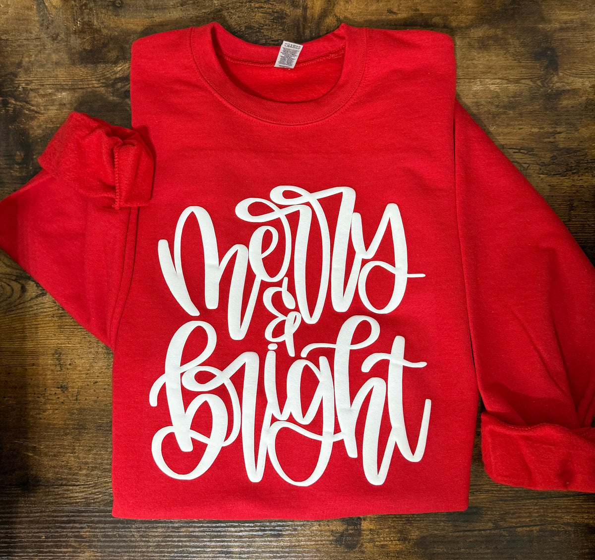 Red Crewneck Sweatshirt with 3D Puff Vinyl Merry & Bright Design - Hoodie, Christmas, Holiday Shirt