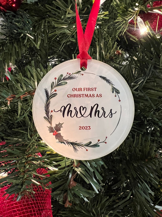 first christmas as mr and mrs ornament in green and red holly wreath