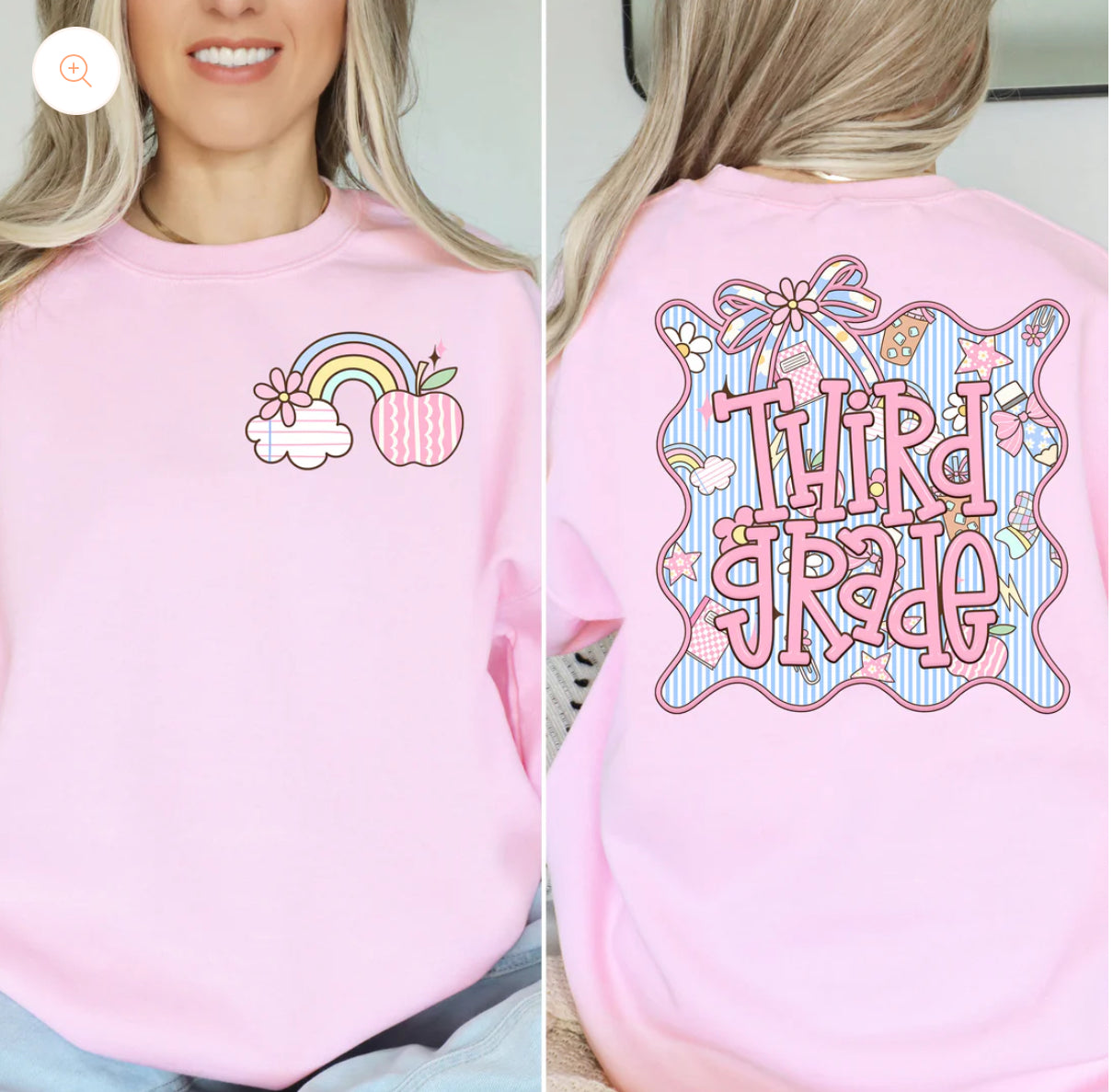 Pink sweatshirt with 'Third Grade' design on the back, featuring a rainbow, apple, and cloud.
