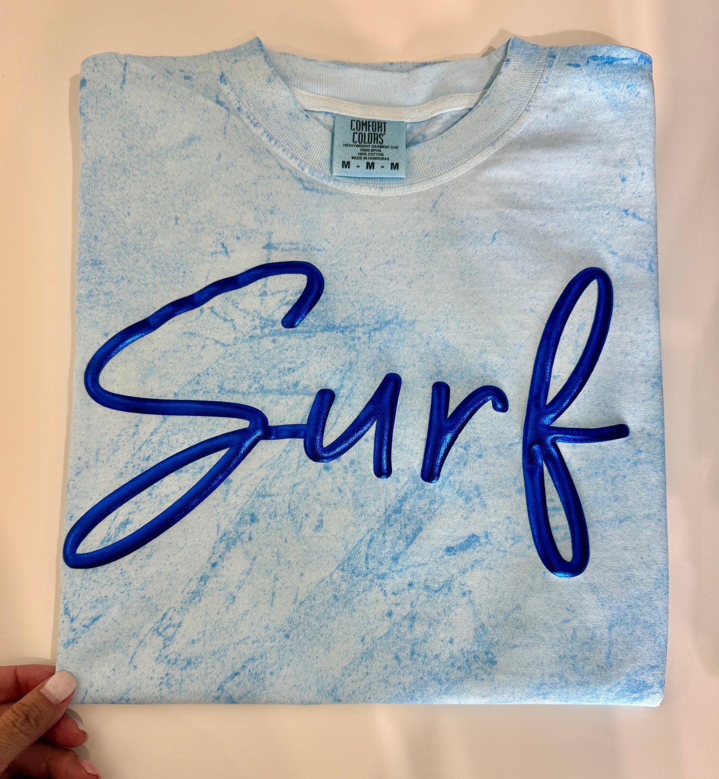 Surf Script Puff Tee – Metallic Blue on Comfort Colors