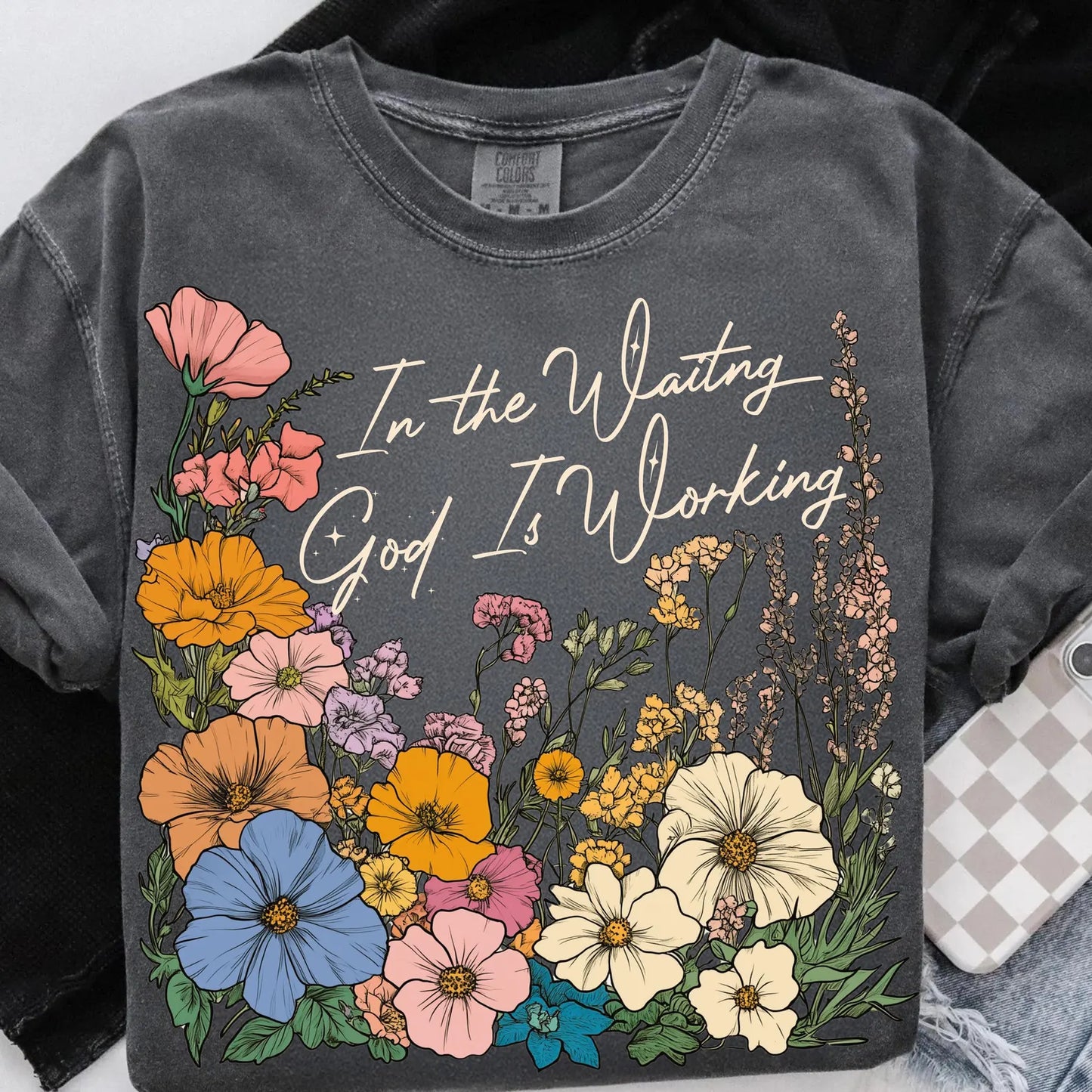 Boho Floral "In the Waiting, God is Working" Comfort Colors Tee