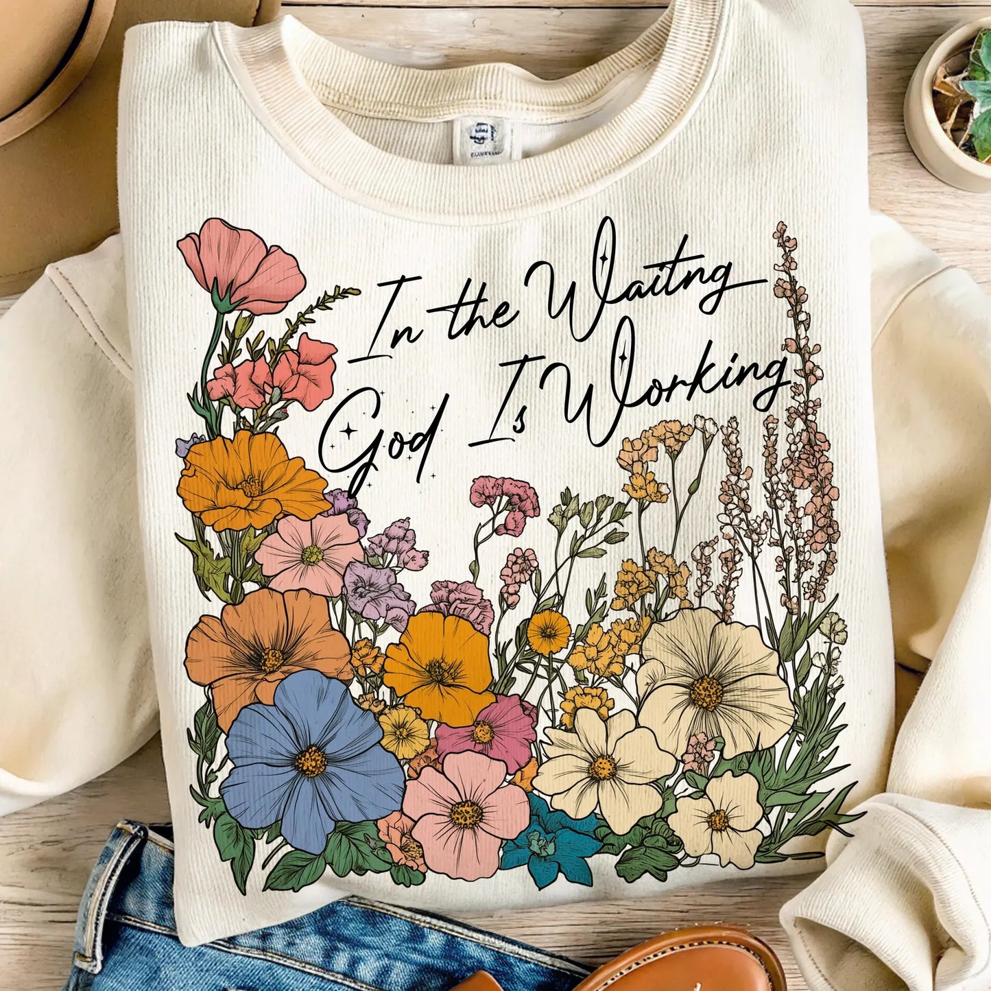 Boho Floral "In the Waiting, God is Working" Comfort Colors Tee