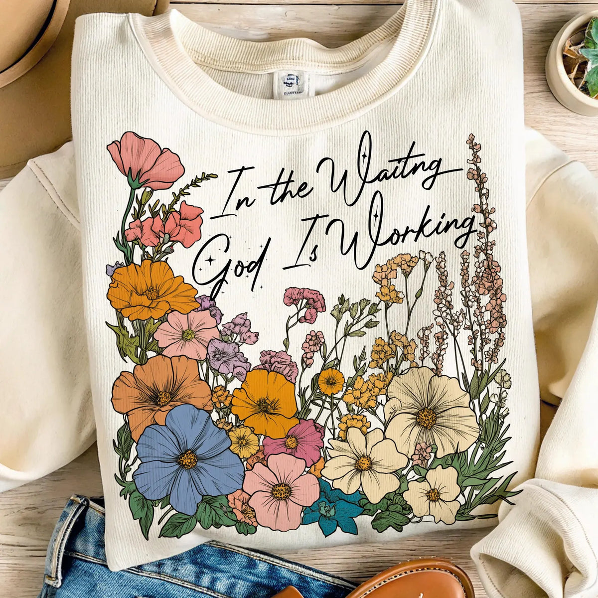 Boho Floral "In the Waiting, God is Working" Comfort Colors Tee
