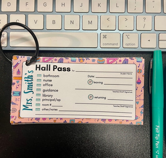 Pink Personalized Printed Hall Passes for Teachers