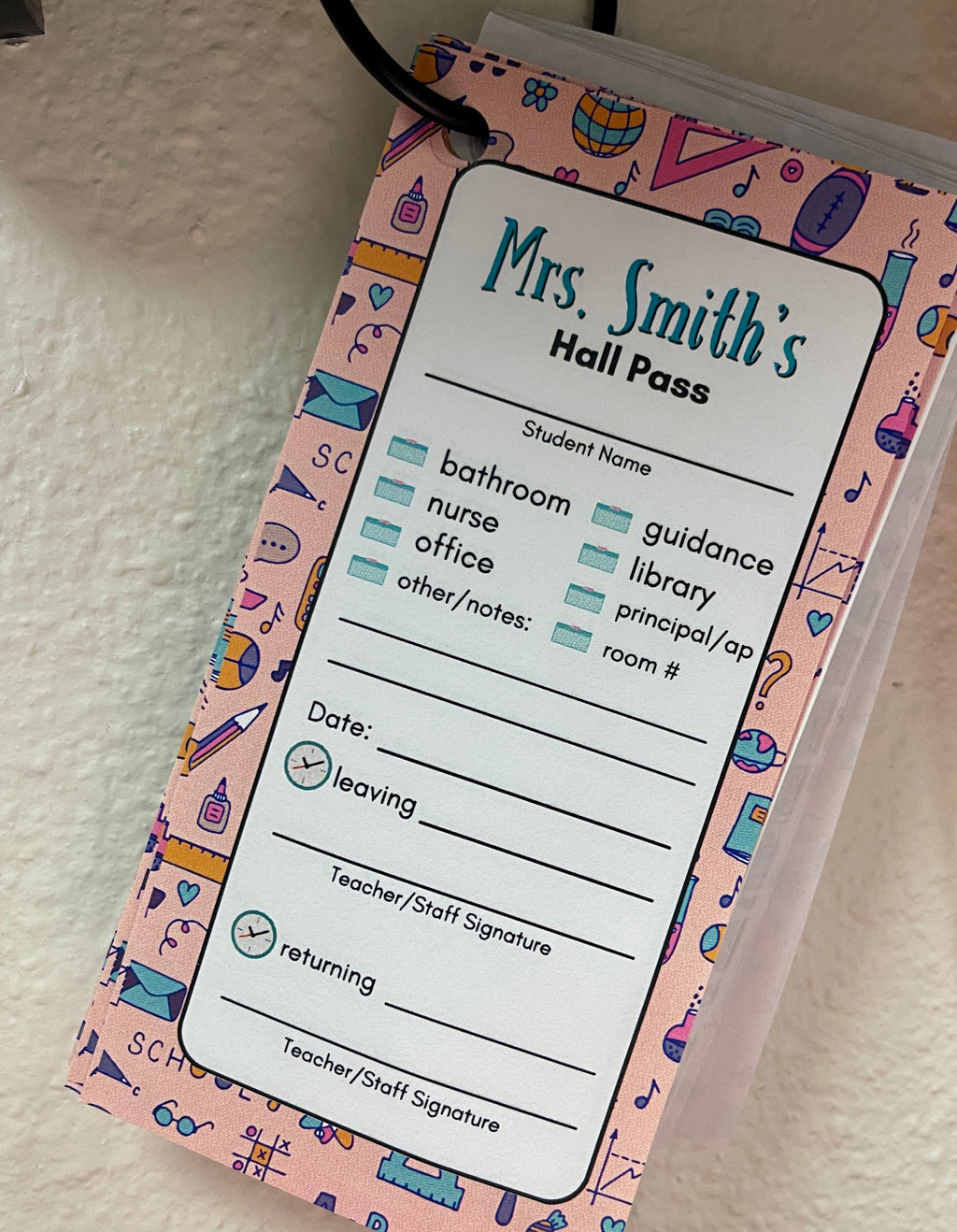 Pink Personalized Printed Hall Passes for Teachers