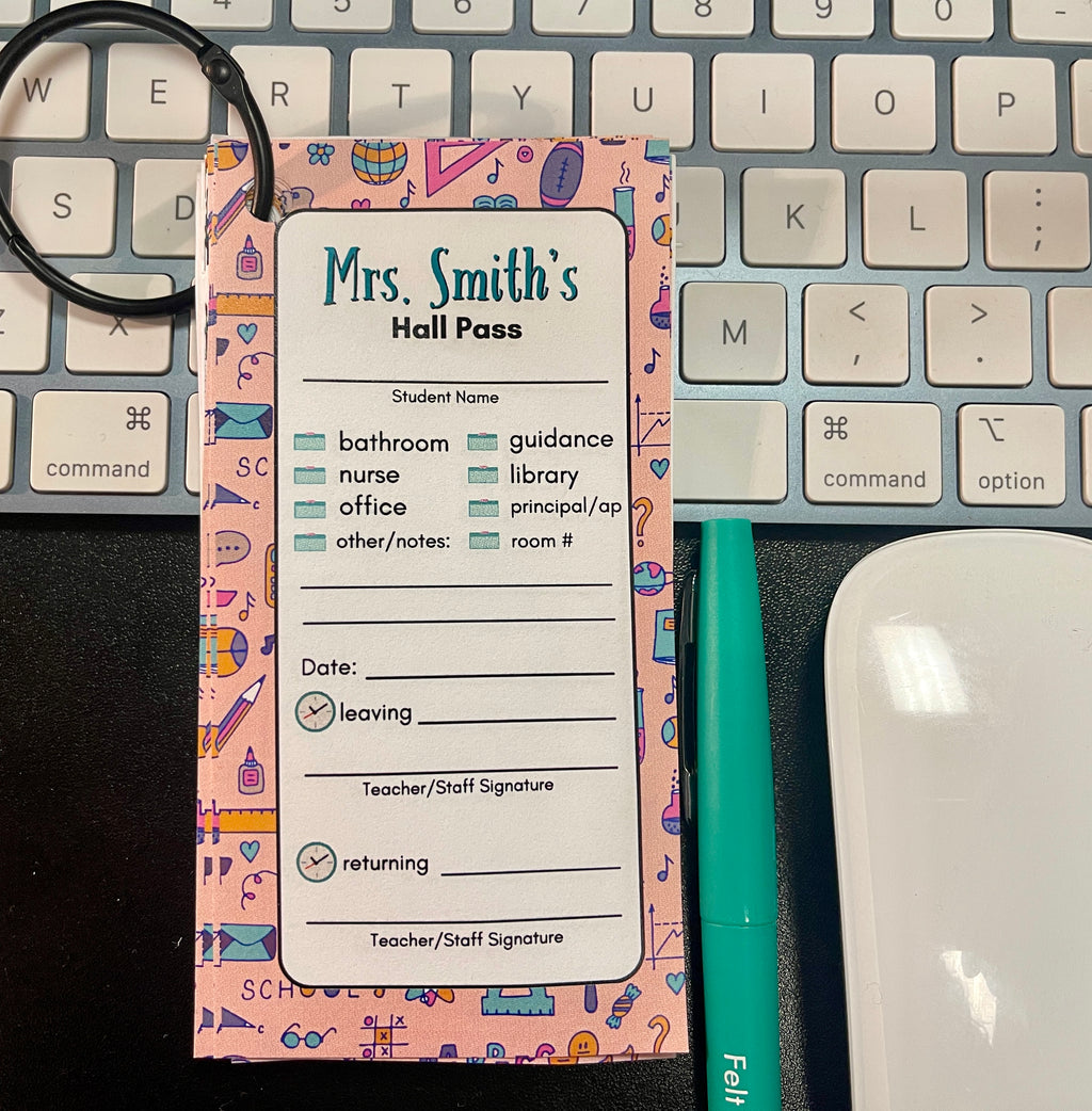 Pink Personalized Printed Hall Passes for Teachers