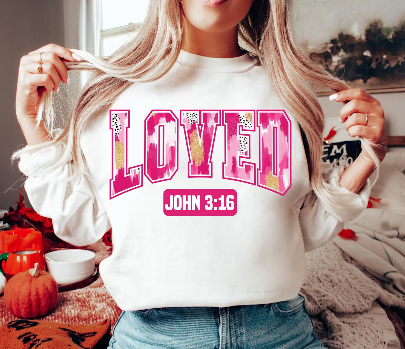 Pink & Gold Loved • John 3:16 Crewneck