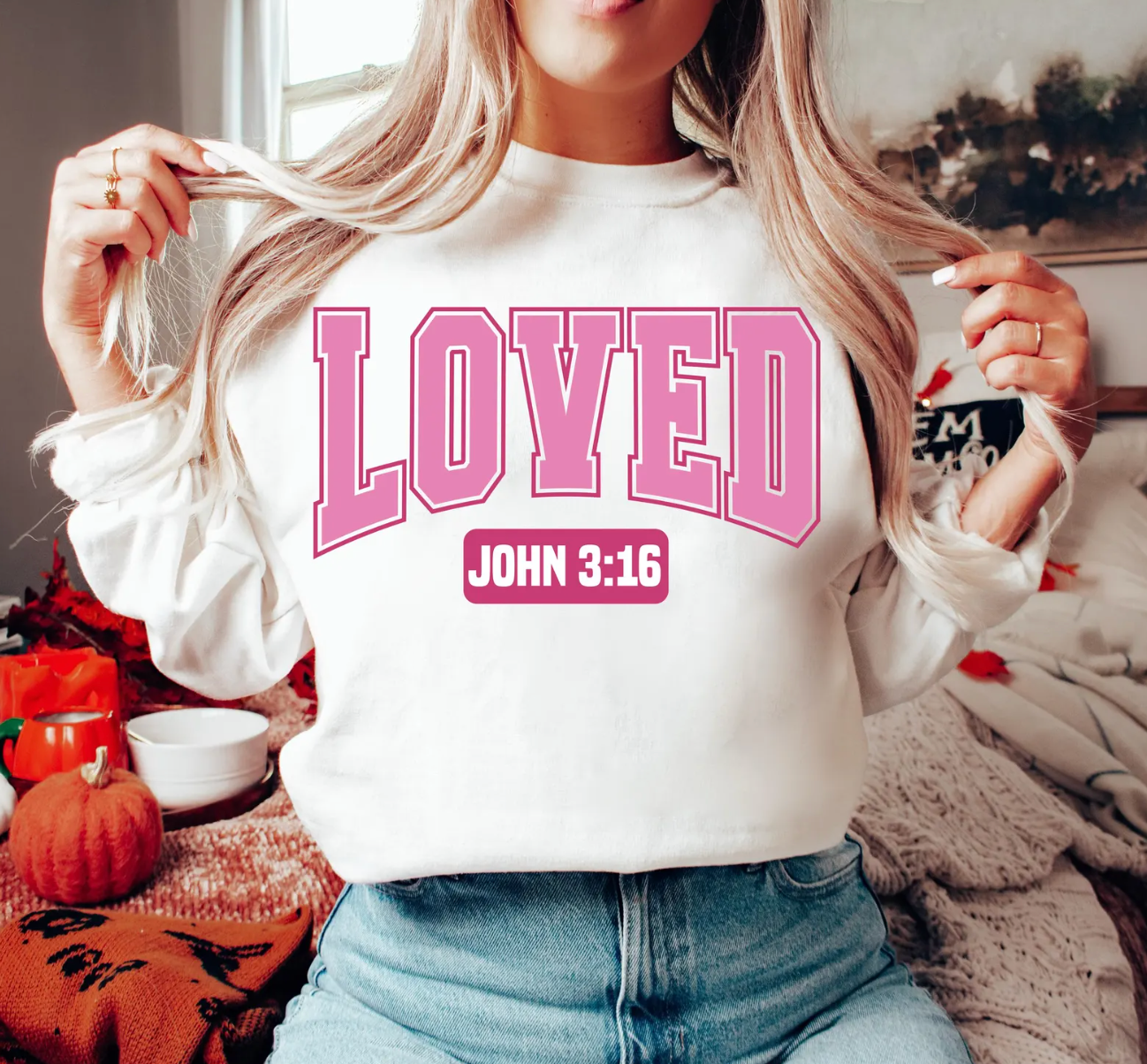Loved in Blush Varsity • John 3:16 Crewneck