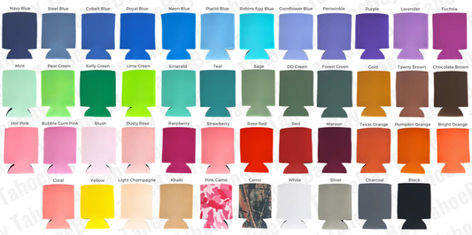 Color swatch chart with various color options for can coolers.