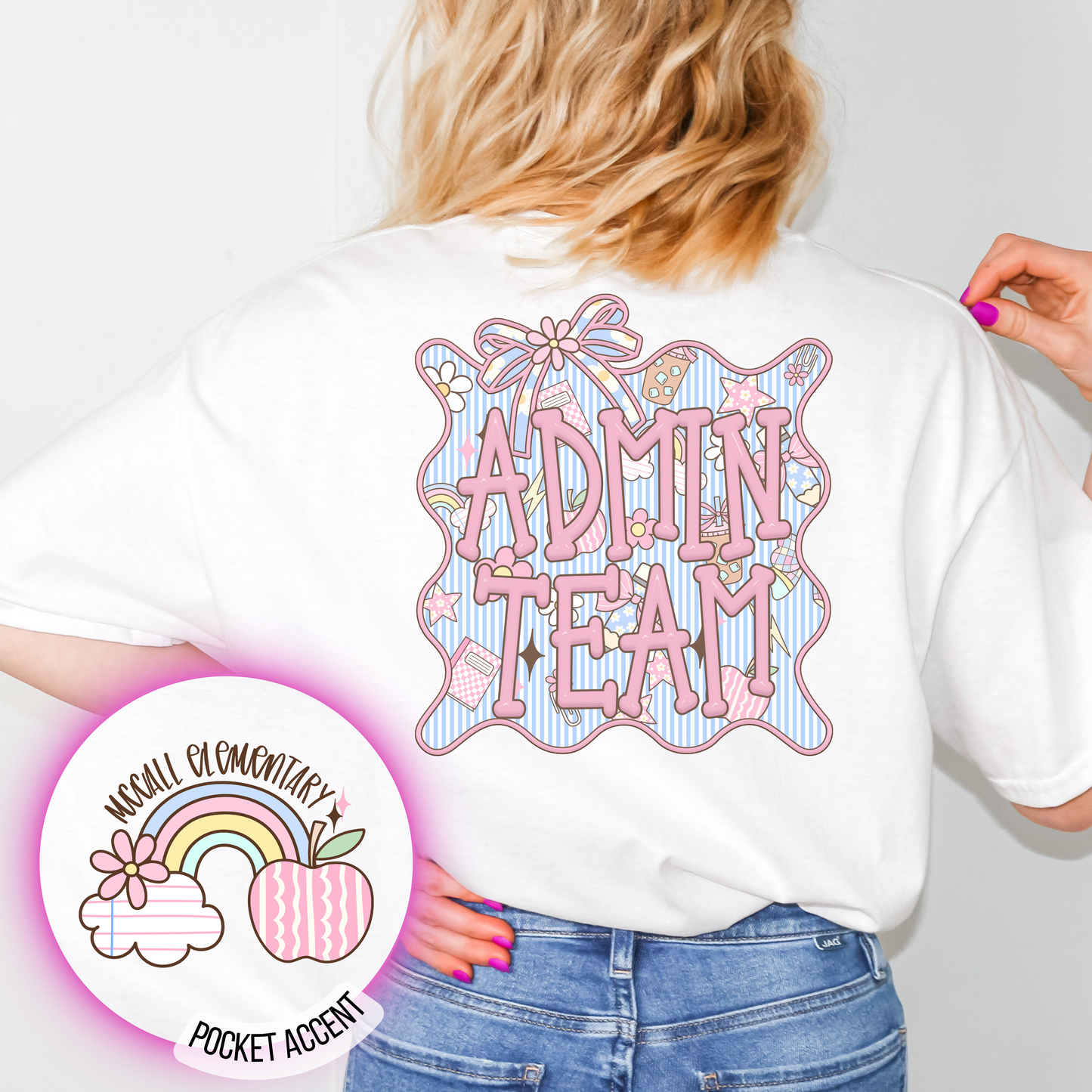 Person wearing a white shirt with 'ADMIN TEAM' design on the back, with a colorful logo in the corner.