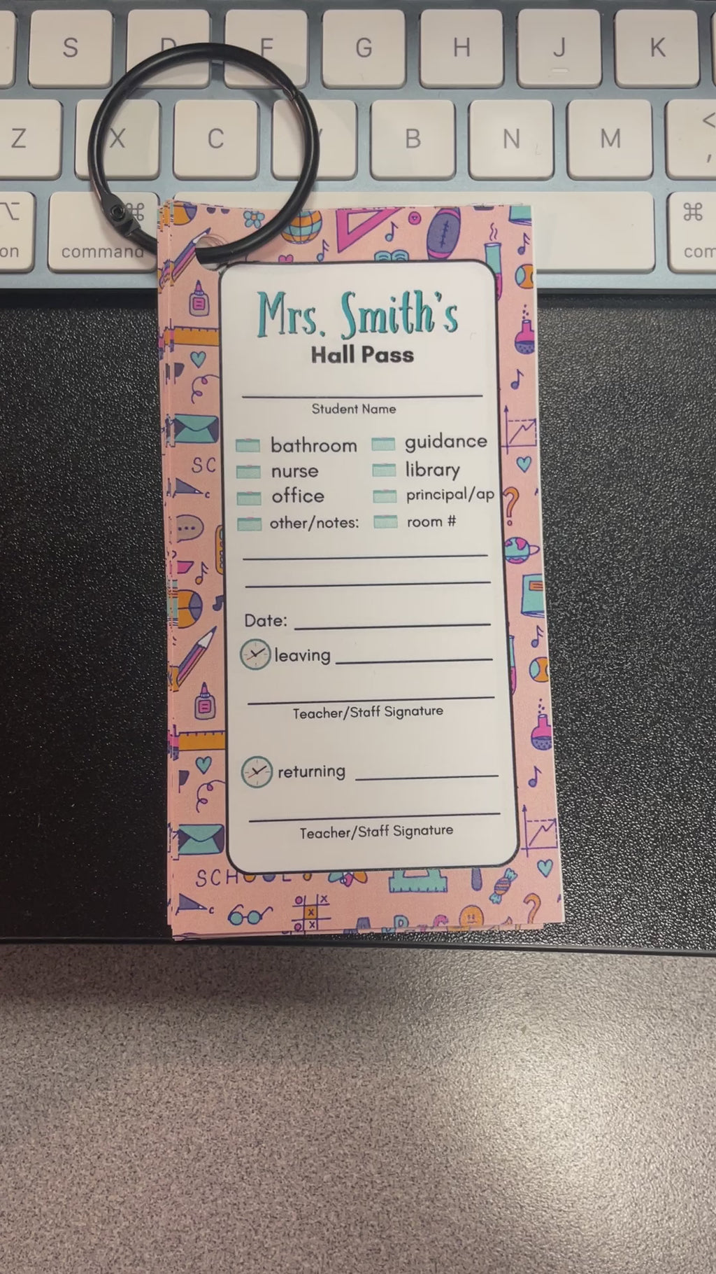 Pink Personalized Printed Hall Passes for Teachers