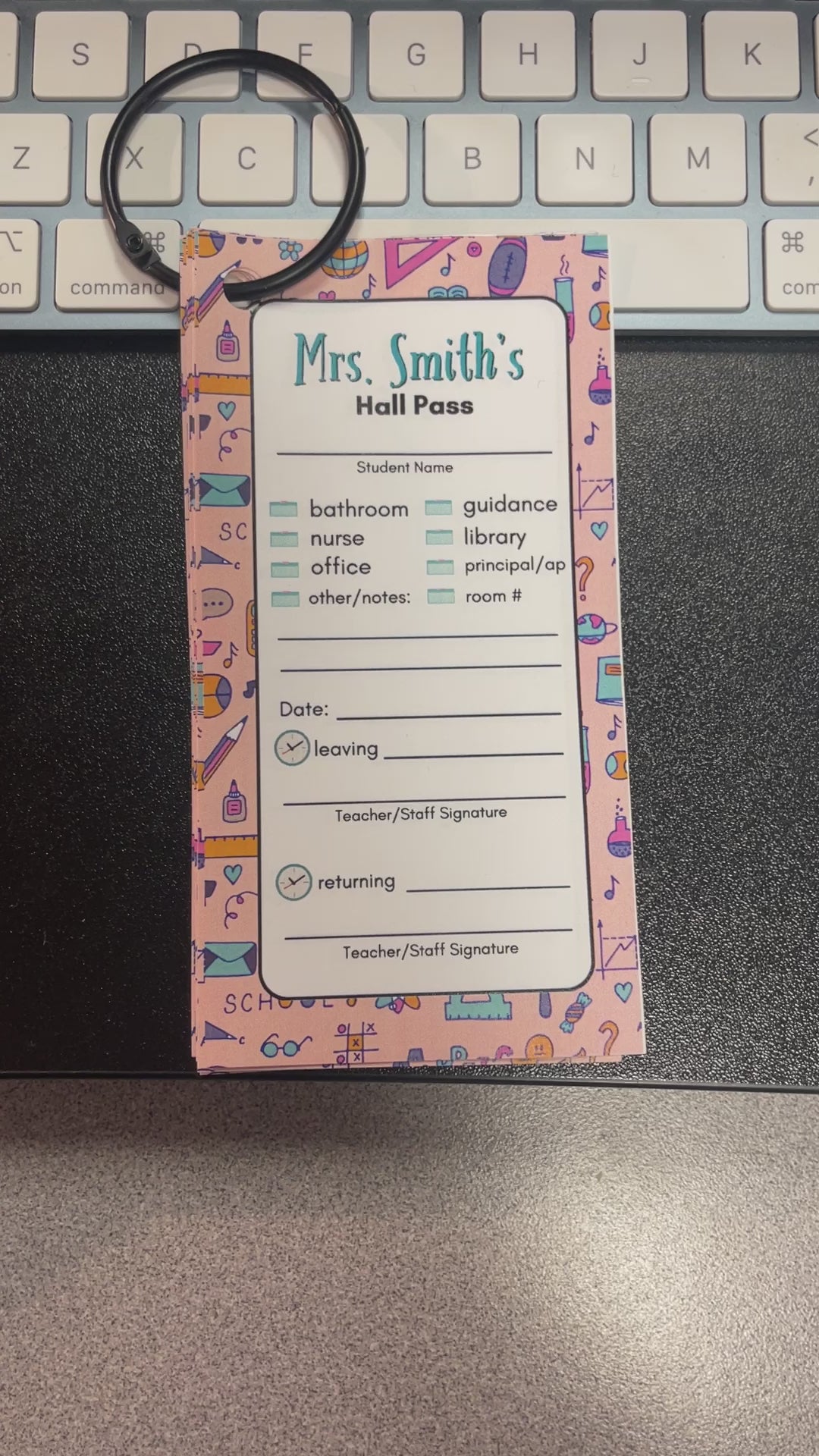 Pink Personalized Printed Hall Passes for Teachers